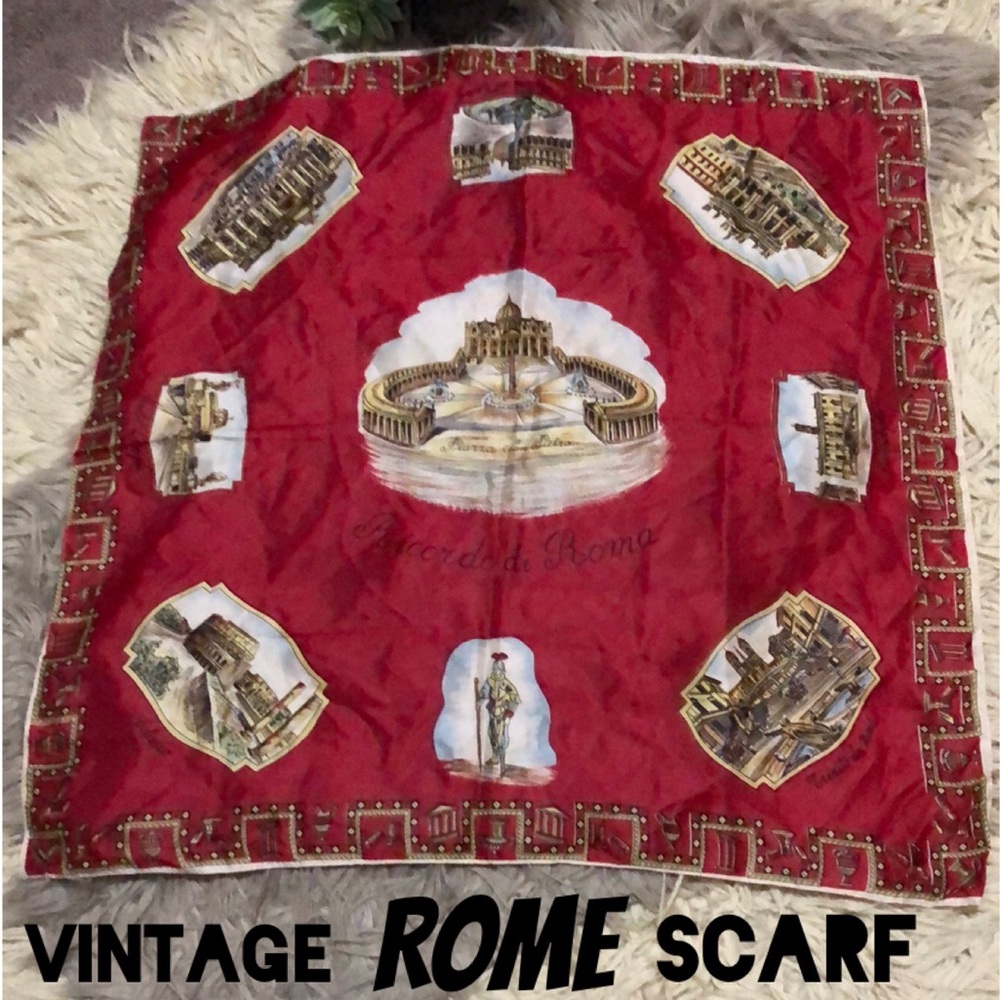Vintage Collectible Scarf-Rome Themed-Beautiful Deep Red-26x26